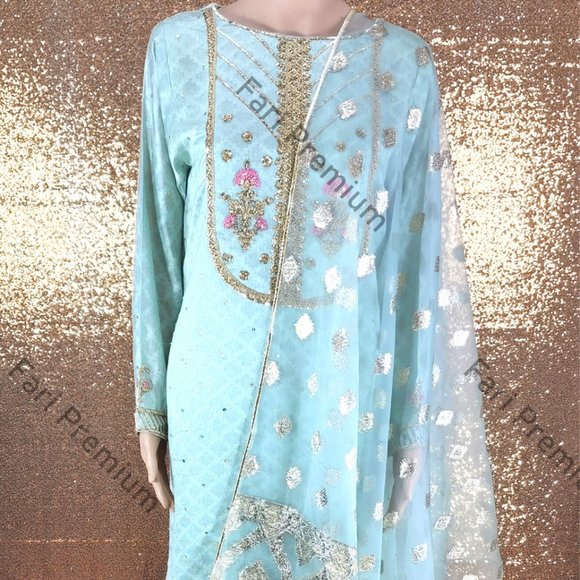 Agha Noor Formal Bridal Banarsi Embroidery 3-PC Gharara Kameez Pakistani S M L - Picture 1 of 15